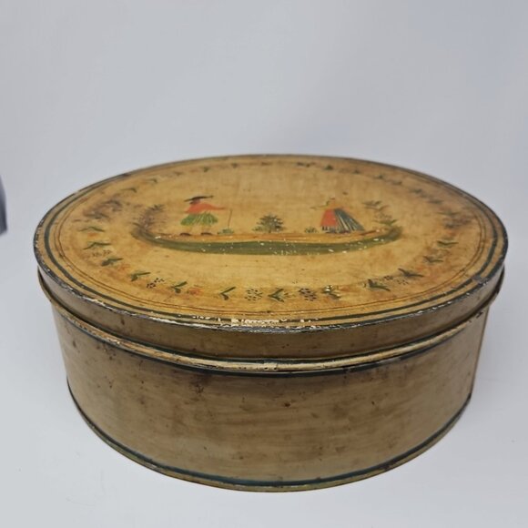 Antique Folk Art Primitive Handpainted Large Round Metal Lidded Tin Box Quimper - Picture 3 of 7